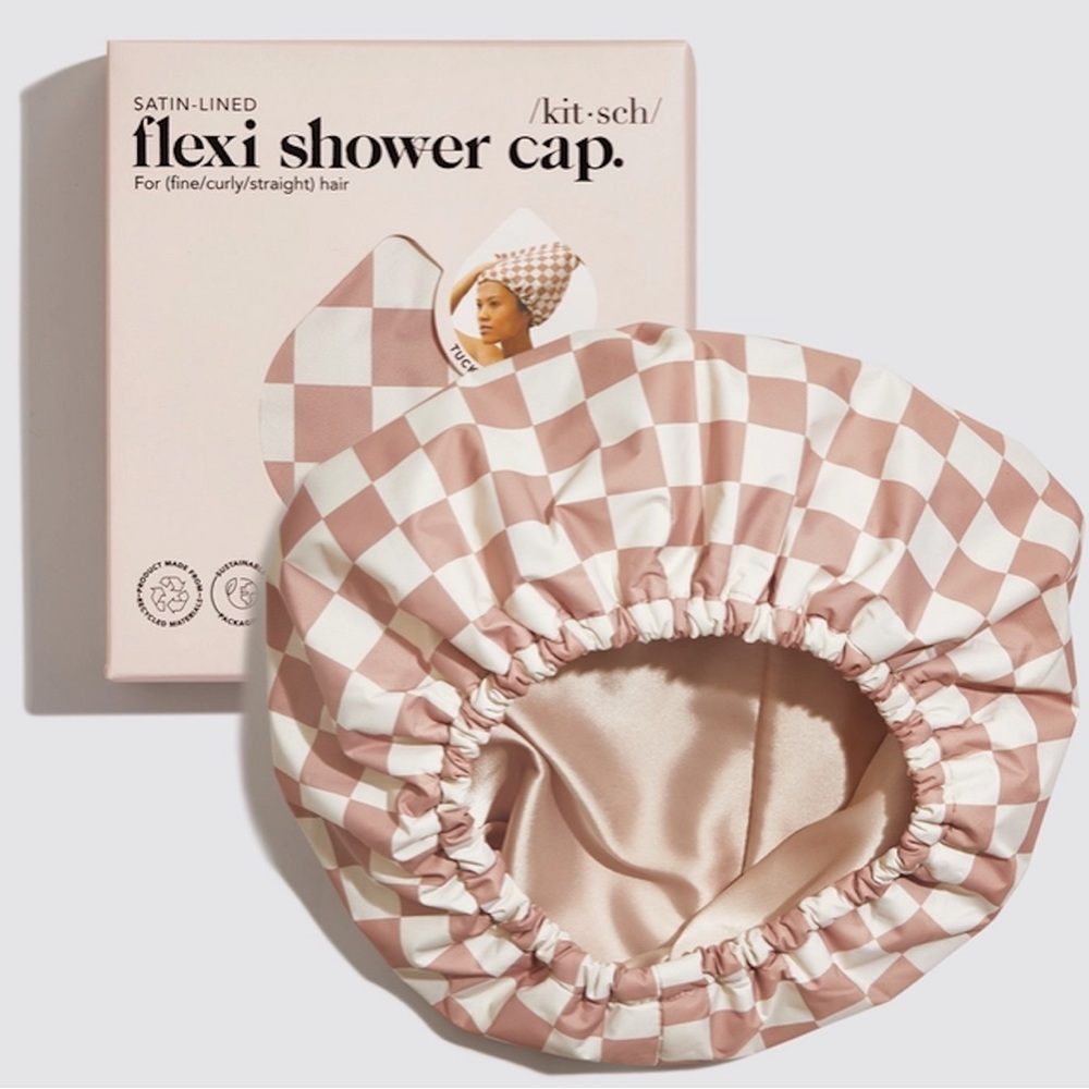 Kitsch Satin-Lined Flexi Shower Cap in Terracotta Checker